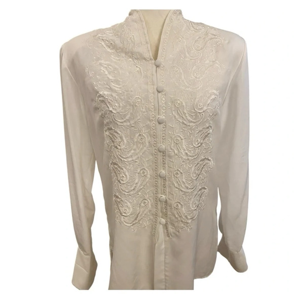Tess Vintage White Embroidered Long Sleeve Blouse Size Small Button Down 1980s - Picture 2 of 6